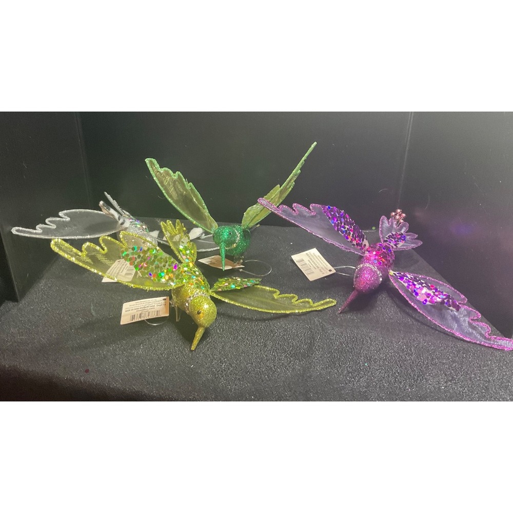 Lot 4 glitter & sequin Birds Holida Time clip-on 8" Zebra stripe, green,purple..